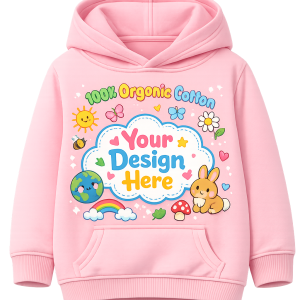 Pink kids organic cotton hoodie with colourful Your Design Here custom print design