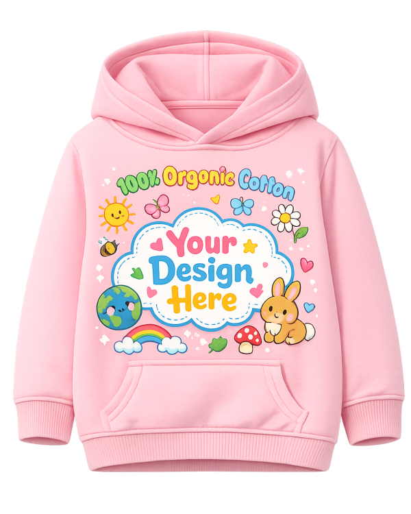 Pink kids organic cotton hoodie with colourful Your Design Here custom print design