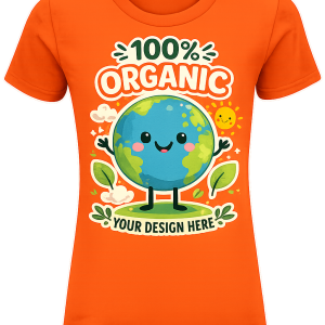 Kid wearing bright orange organic cotton t-shirt with fun eco friendly earth design