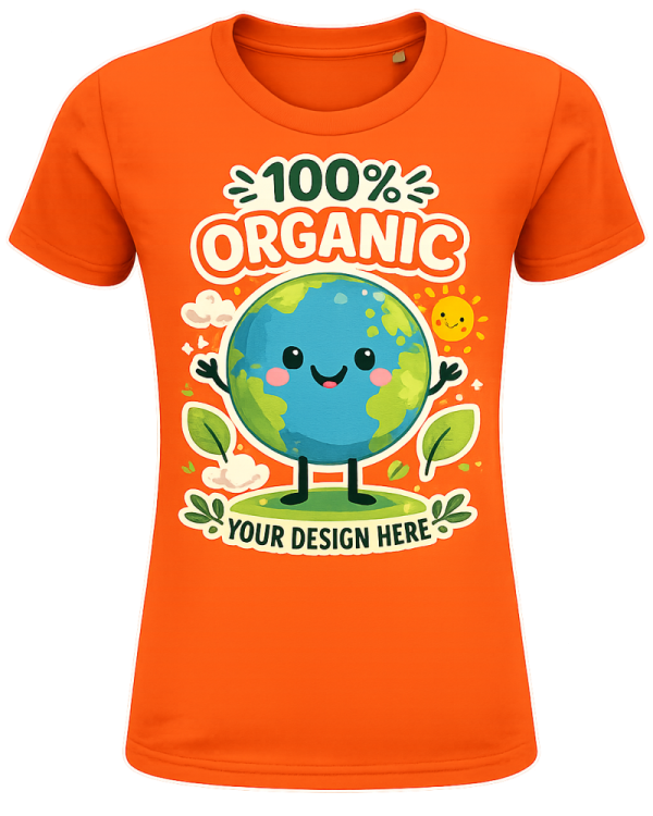 Kid wearing bright orange organic cotton t-shirt with fun eco friendly earth design