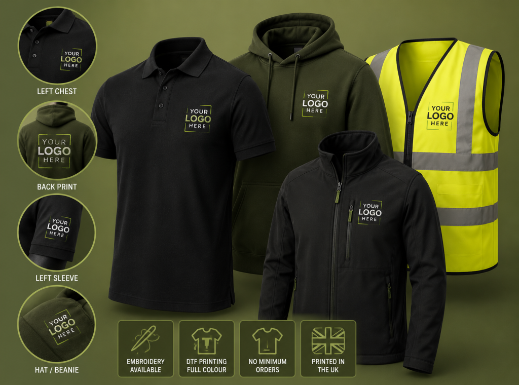 Custom workwear and uniform printing with embroidered polo shirts, branded hoodies, hi-vis vests, softshell jackets and logo placement examples.