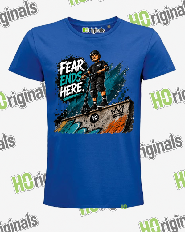 Fear Ends Here – Kids Scooter Champion Organic Cotton T-Shirt